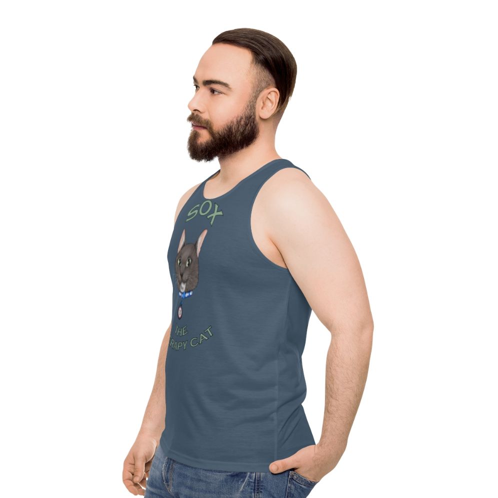 Cartoon cat graphic on a unisex tank top - men side