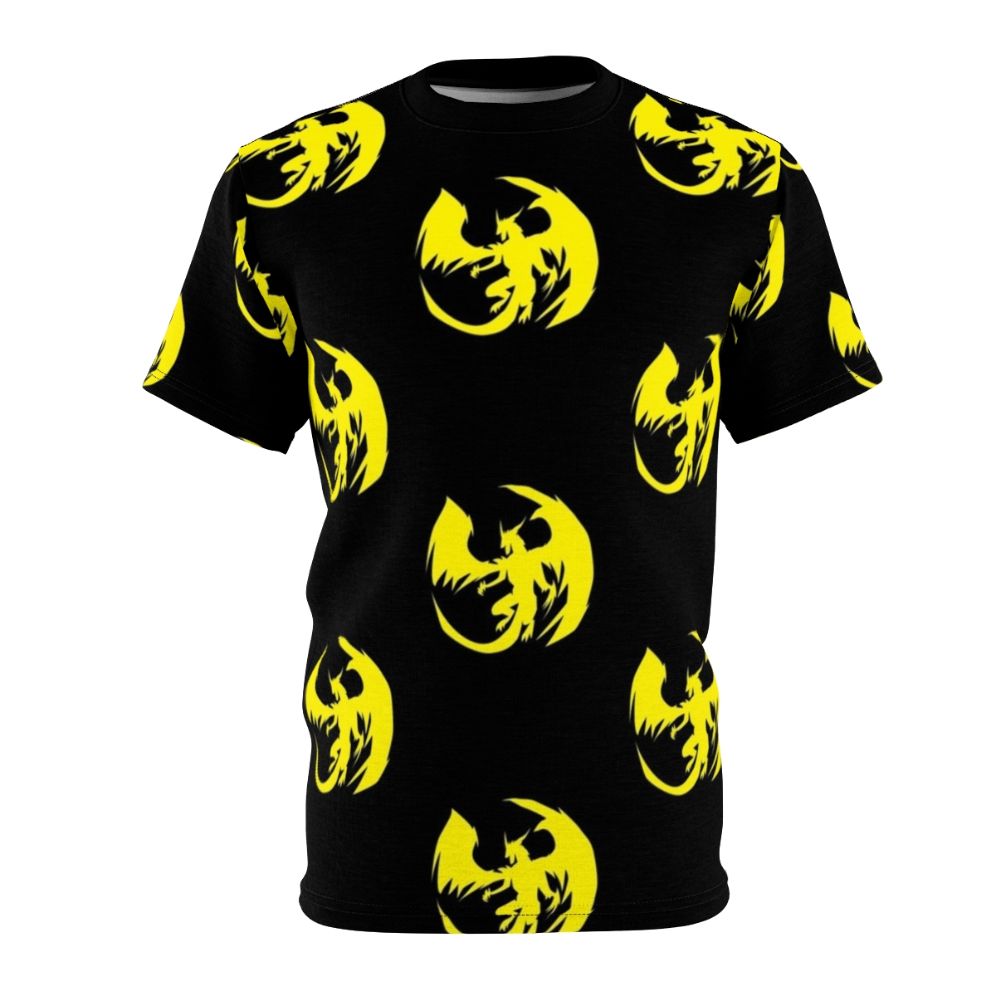 Silhouette of a majestic yellow dragon, a mythical and legendary creature, printed on a high-quality t-shirt.