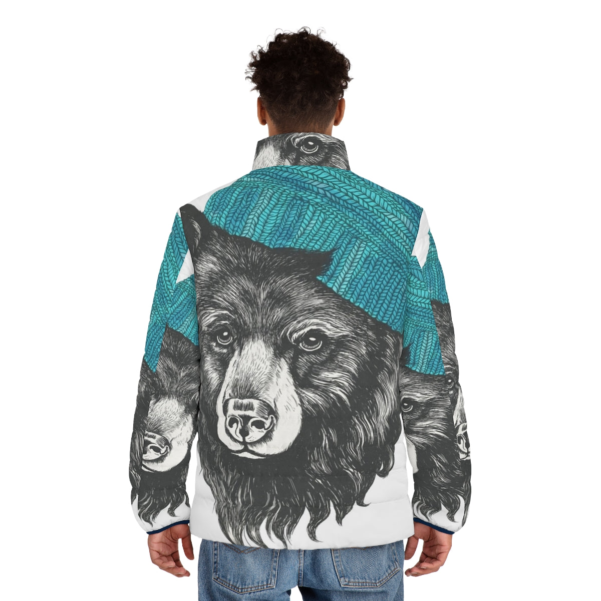 Blue puffer jacket with Zissou the bear design, perfect for cold weather - men back