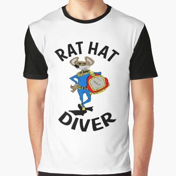 A vintage-style graphic t-shirt featuring a cartoon rat wearing a diving helmet while exploring the ocean.