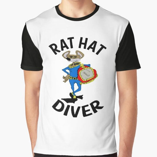 A vintage-style graphic t-shirt featuring a cartoon rat wearing a diving helmet while exploring the ocean.