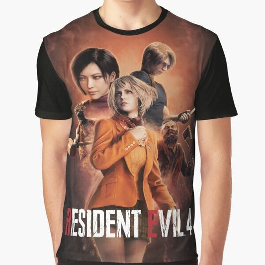 Resident Evil 4 Remake graphic t-shirt featuring Leon Kennedy, Ada Wong, and Ashley Graham