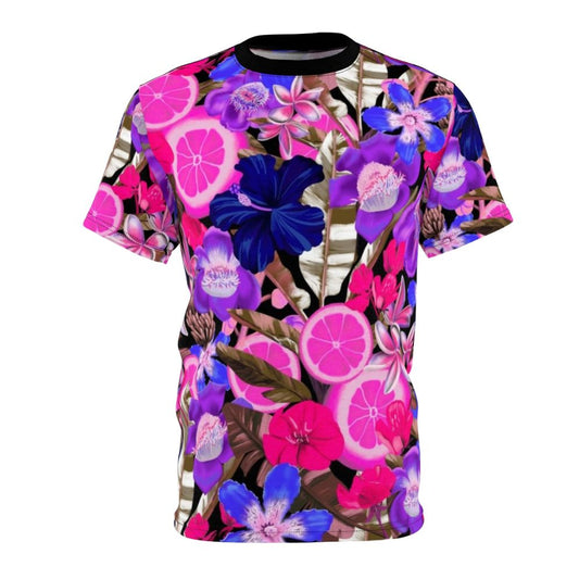 Colorful botanical and floral pattern t-shirt design with tropical leaves, fruits, and flowers