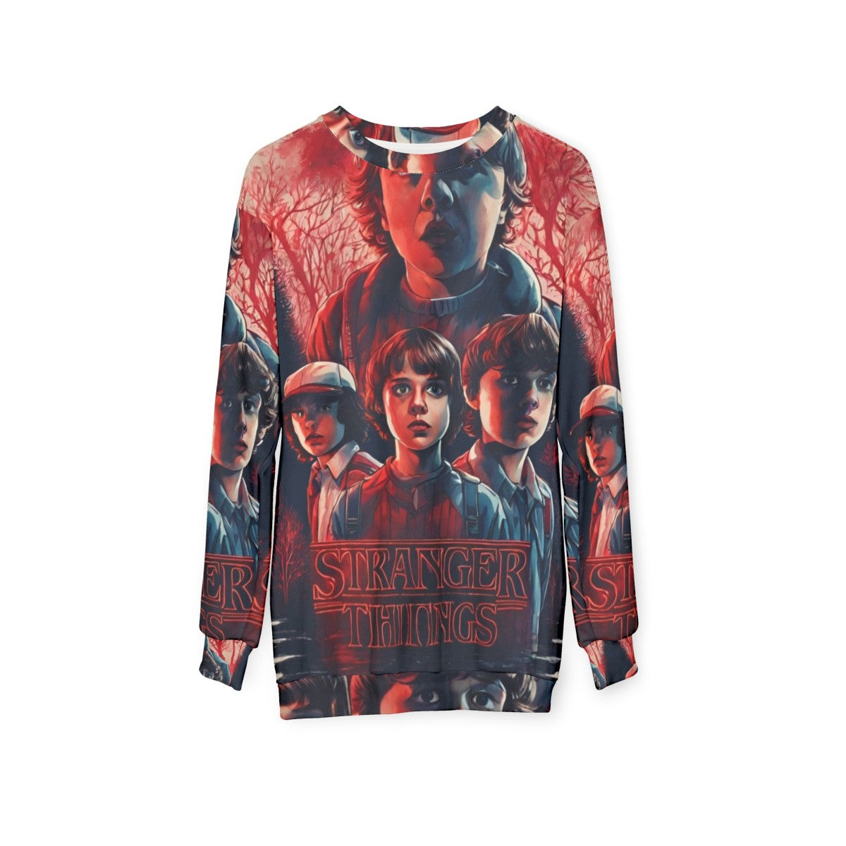 Stranger Things Sweatshirt with Characters and Upside Down Imagery - hanging