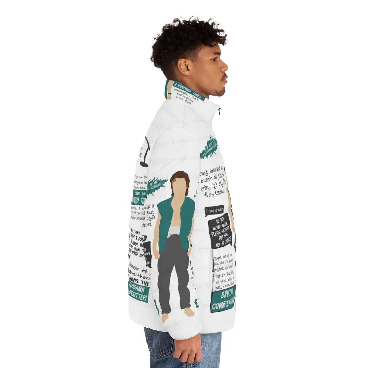 Minimalist puffer jacket featuring quotes from Steve Harrington in Stranger Things Season 4 - men side right