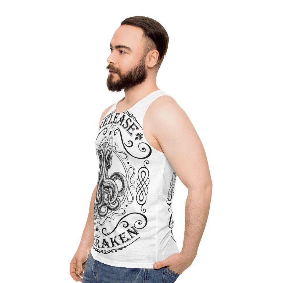 Release the Kraken mythological creature retro unisex tank top - men side