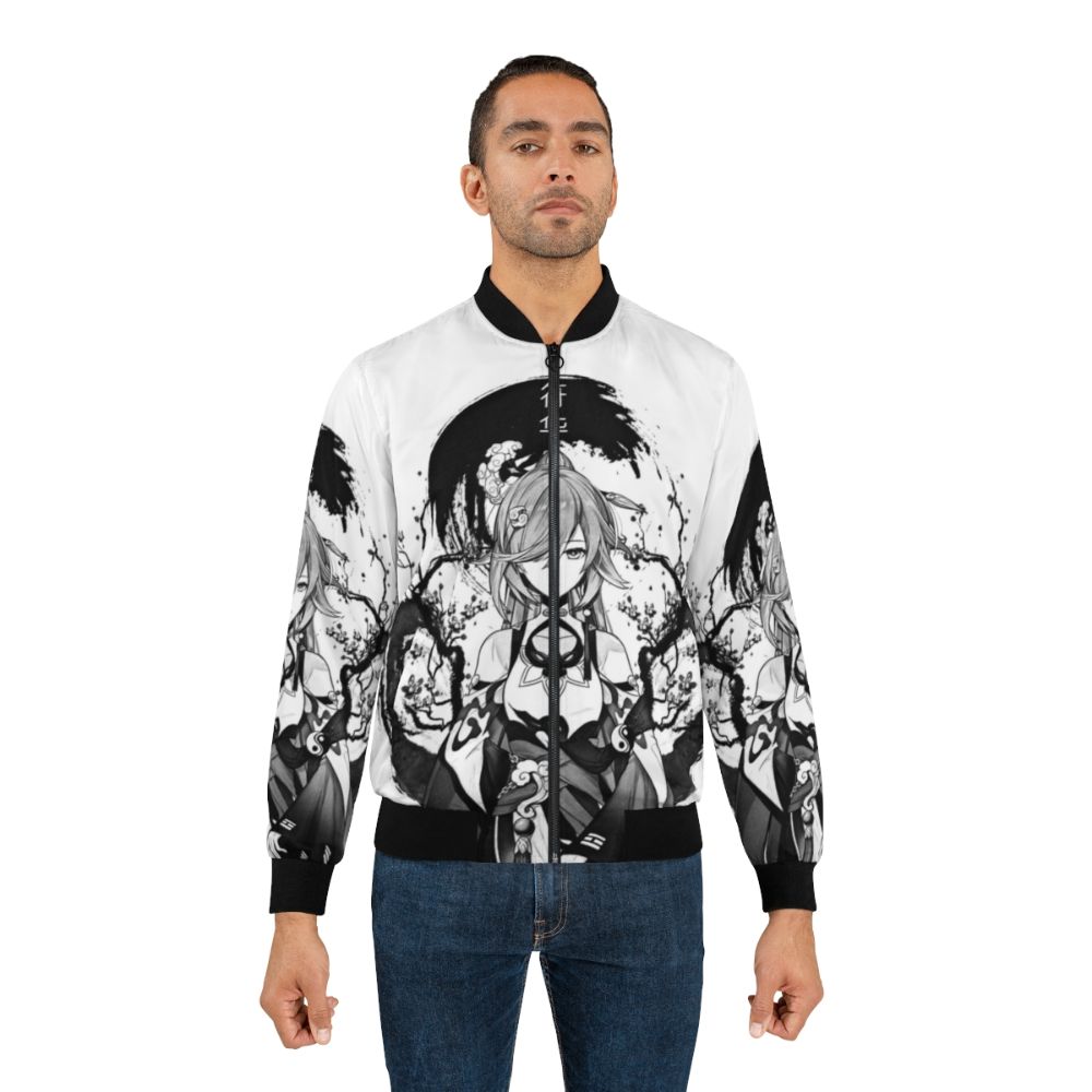 Monochrome bomber jacket with fantasy and anime-inspired designs, including elements from Honkai Impact and Genshin Impact. - Lifestyle