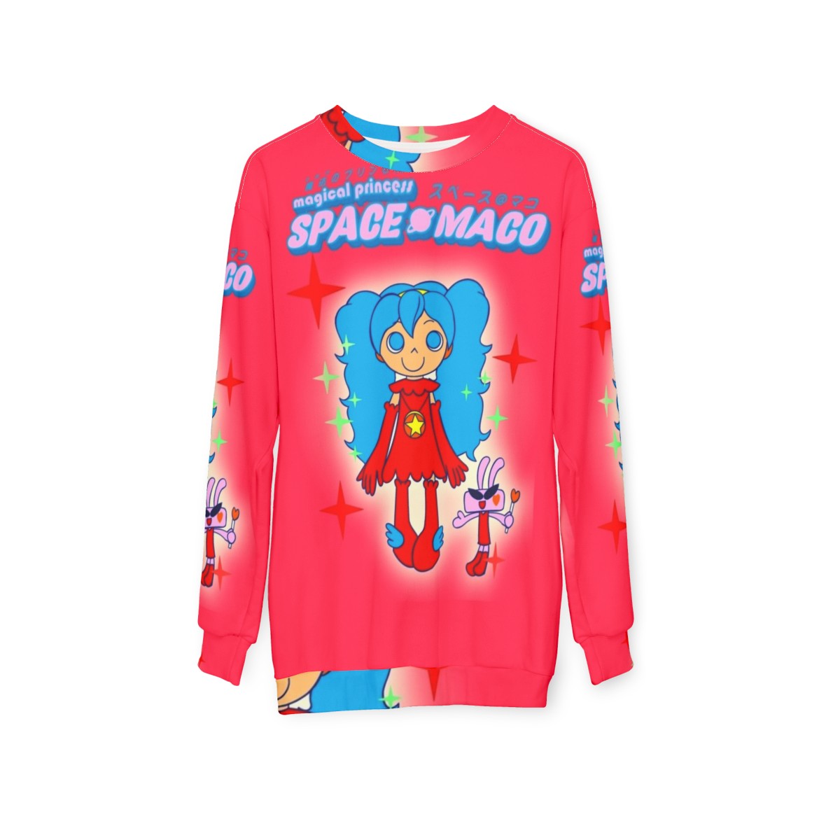 Magical pop music dance sweatshirt featuring a pink and blue space maco character - hanging