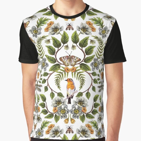 Graphic t-shirt featuring a botanical and floral pattern with birds, moths, dragonflies, and flowers in spring colors of orange, green, and brown.