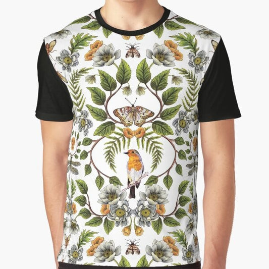 Graphic t-shirt featuring a botanical and floral pattern with birds, moths, dragonflies, and flowers in spring colors of orange, green, and brown.