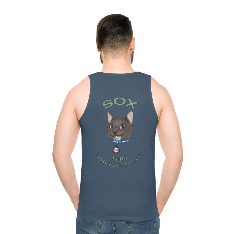 Cartoon cat graphic on a unisex tank top - men back