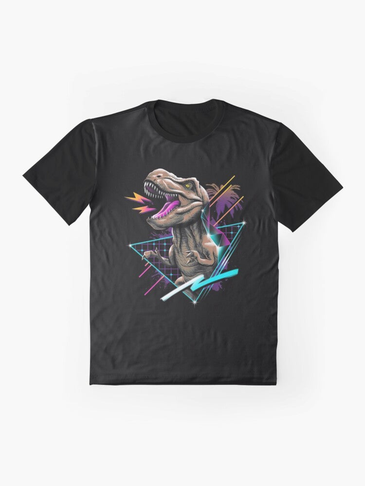 A retro graphic t-shirt featuring a tyrannosaurus rex dinosaur design. - Flat lay