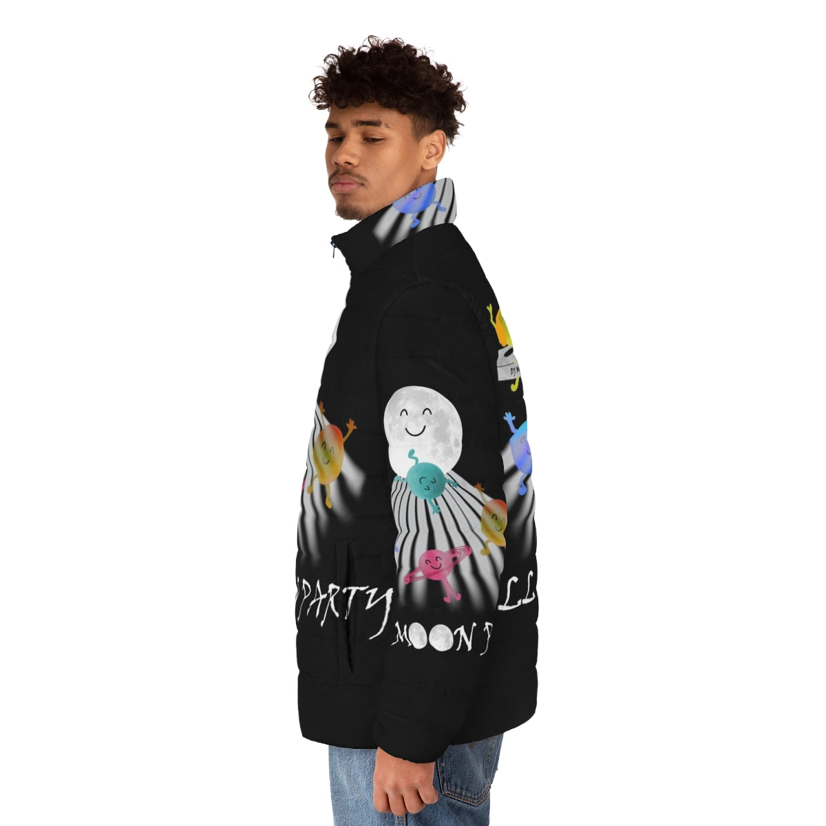 Colorful full moon party puffer jacket with space and dancing motifs - men side left