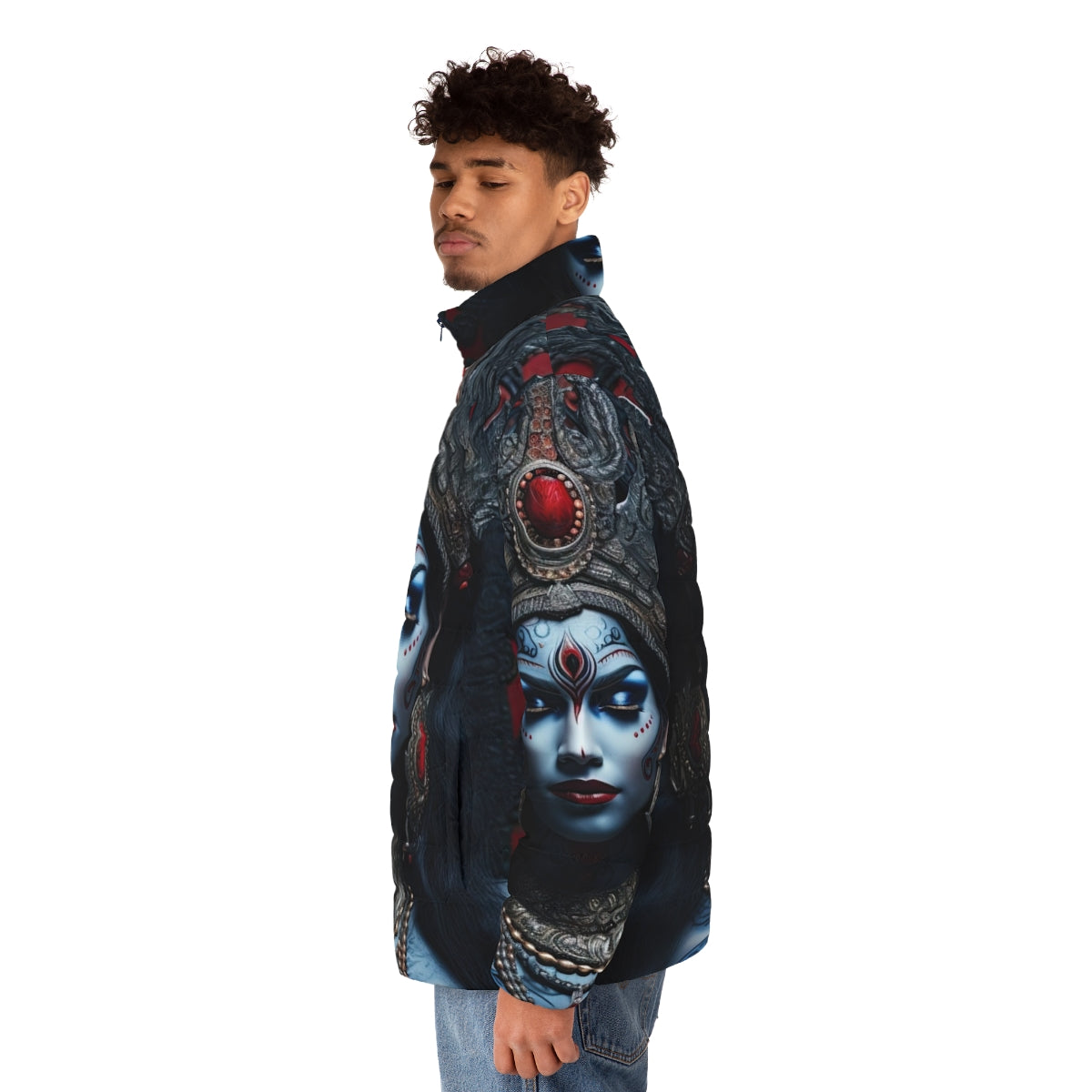 Puffer jacket featuring the powerful image of the Hindu goddess Kali - men side left