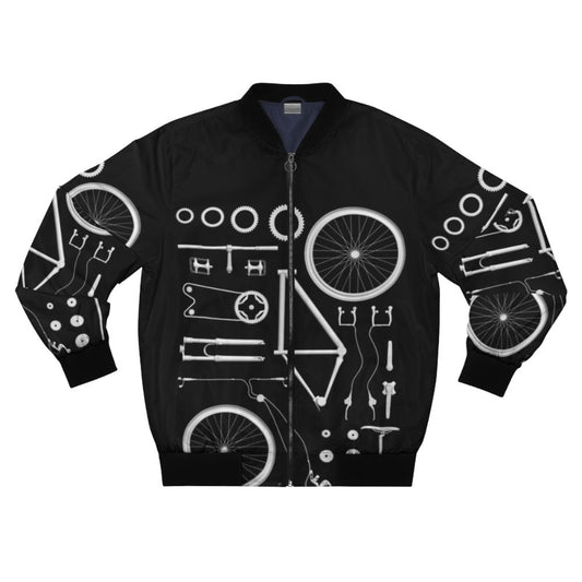 Exploded bicycle graphic design on a blue bomber jacket