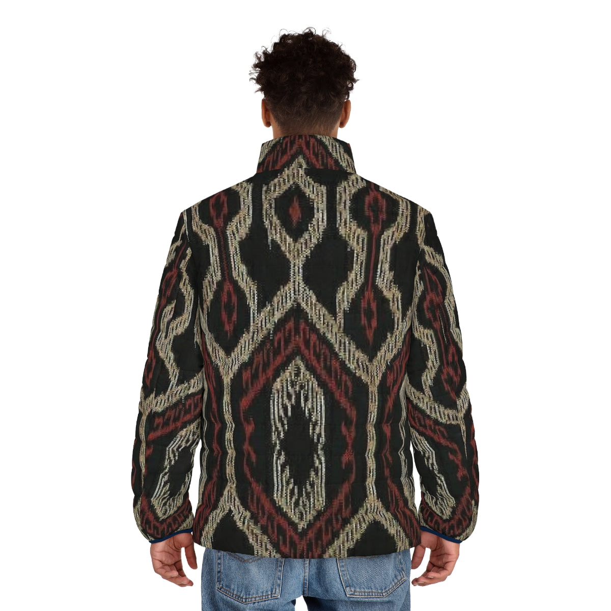 Ethnic puffer jacket with abstract indigenous mountain pattern from the Philippines - men back