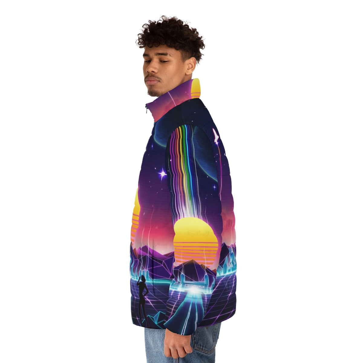 Neon Sunrise Retro Futuristic Puffer Jacket with video game and space exploration inspired design - men side left