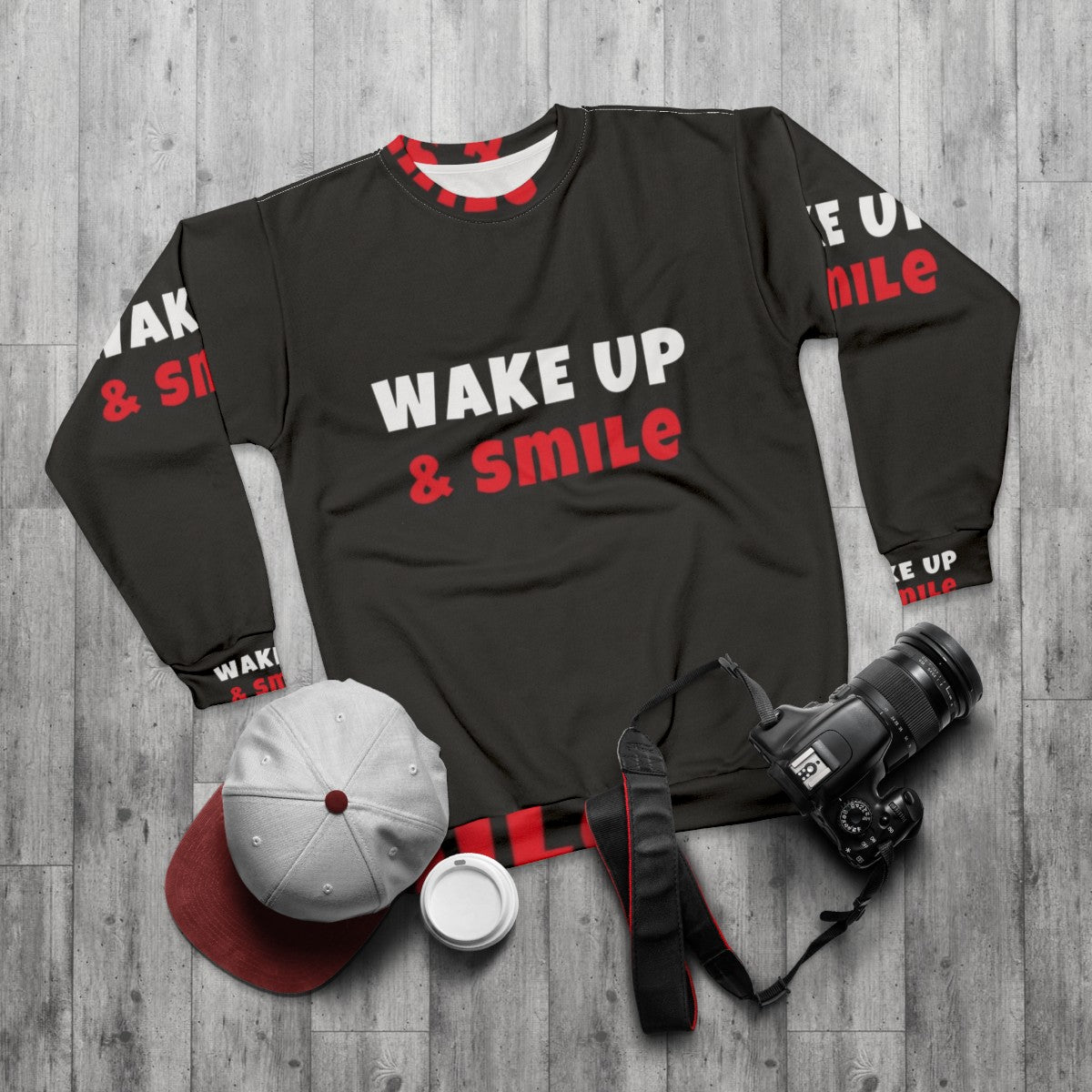 Wake up and smile sweatshirt with activities and hobbies - flat lay