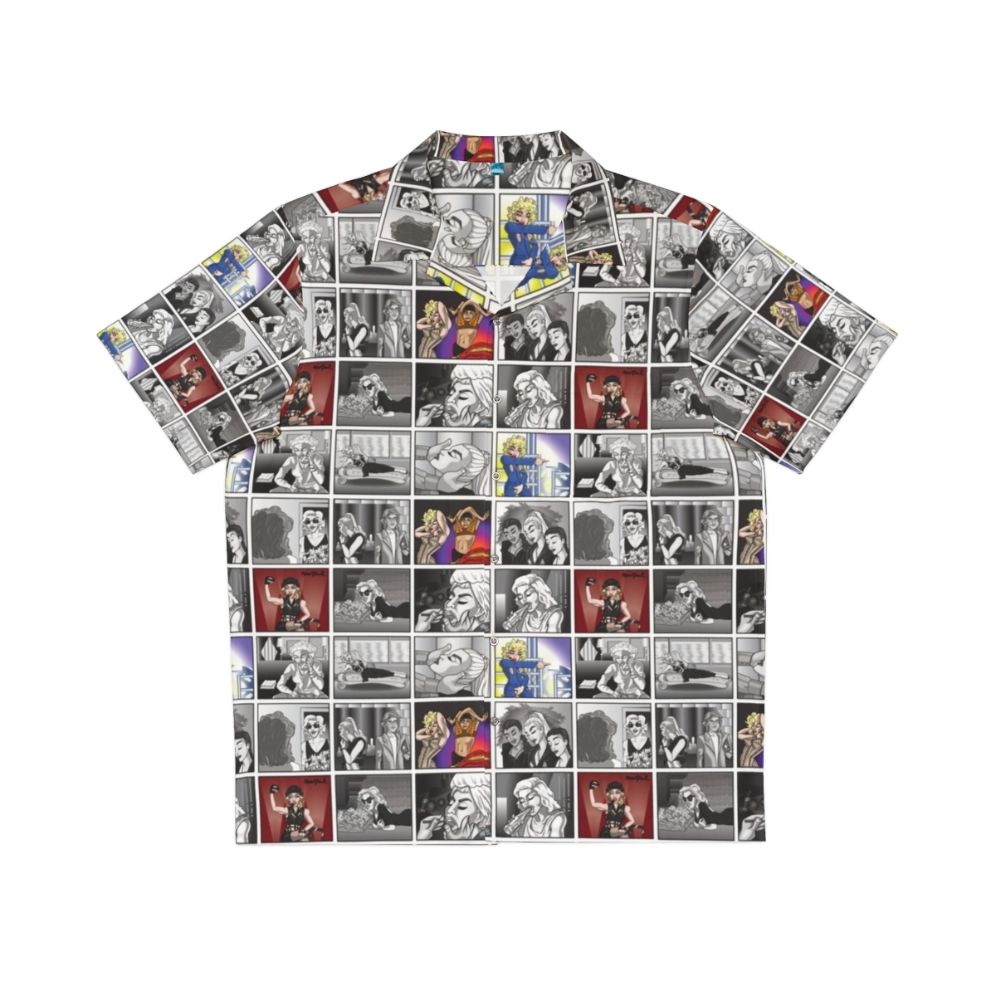 Iconic pop art Hawaiian shirt featuring pop culture and music references