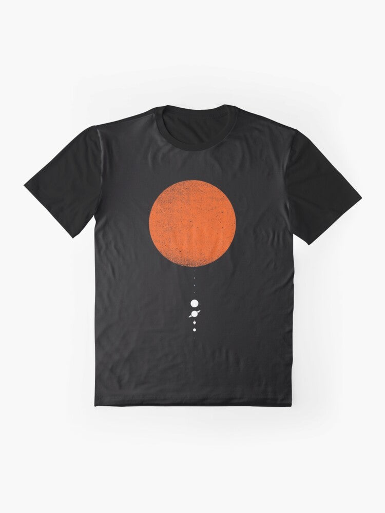 Minimalist graphic t-shirt featuring the planets of the solar system - Flat lay