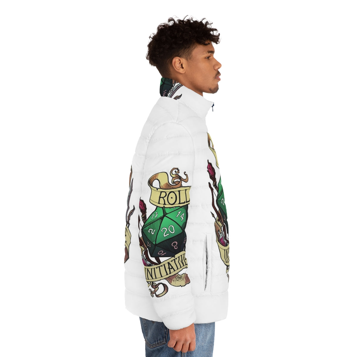 Dice puffer jacket with "Roll Initiative" printed design, perfect for tabletop RPG fans - men side right