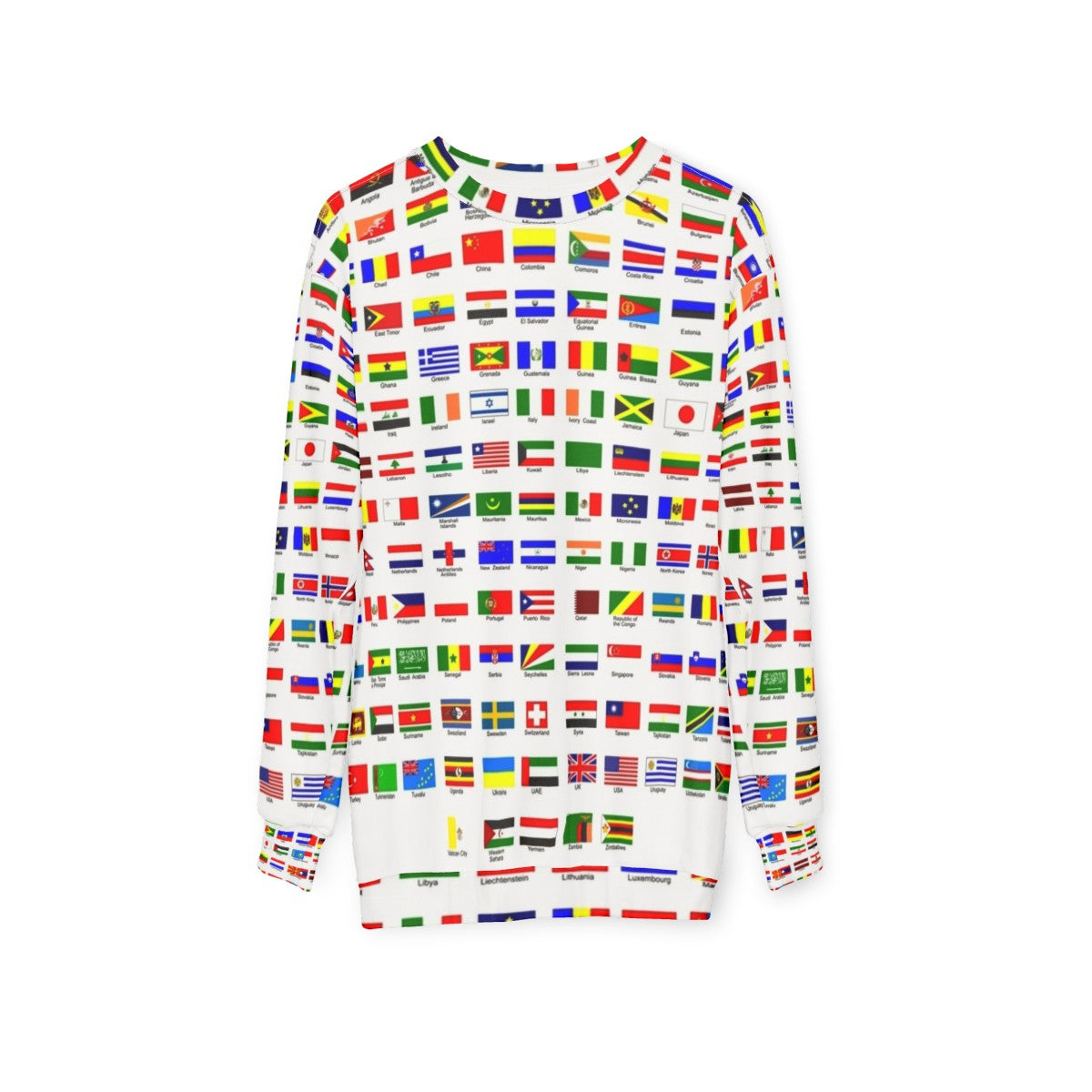 Sweatshirt featuring flags of countries around the world - hanging