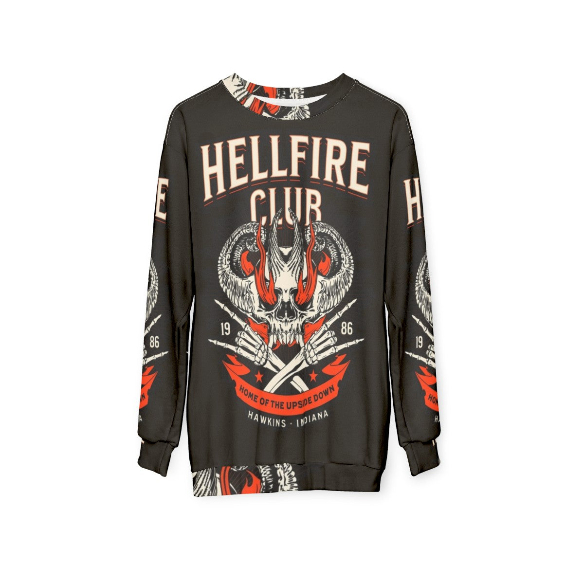 Hellfire Club Stranger Things Sweatshirt 2 featuring 1980s retro design - hanging