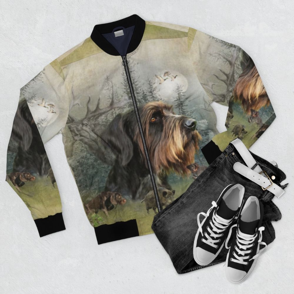 German Wirehaired Pointer Boar Hunting Bomber Jacket - Flat lay