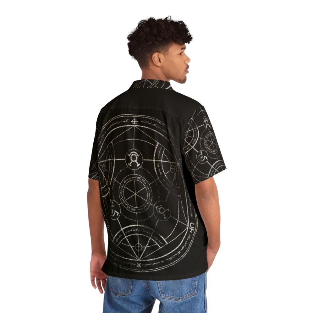 Fullmetal Alchemist inspired human transmutation circle chalk design on a Hawaiian shirt - People Back