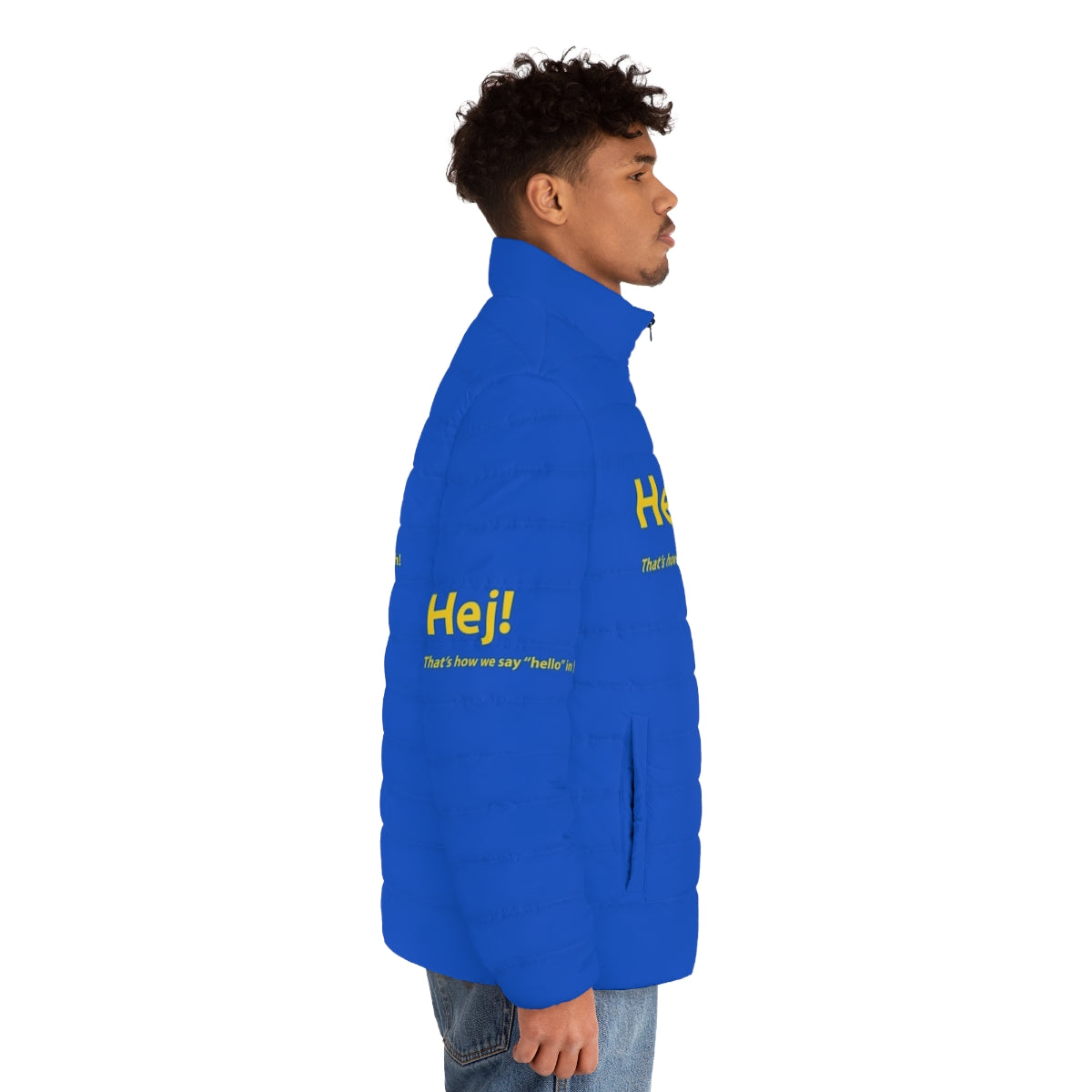 Person wearing a blue and yellow puffer jacket with the Swedish word "Hej" (hello) printed on it - men side right