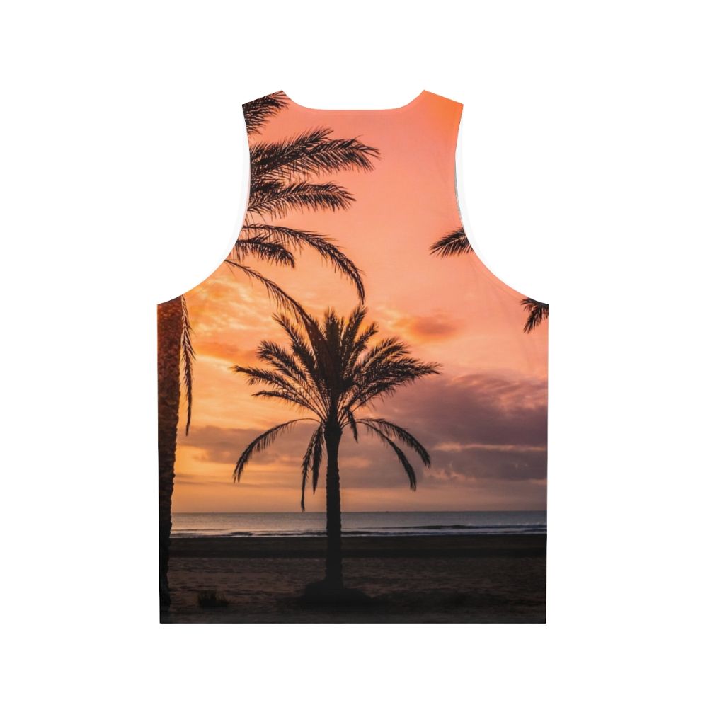 Unisex tank top with a tropical sunrise over palm trees design - Back