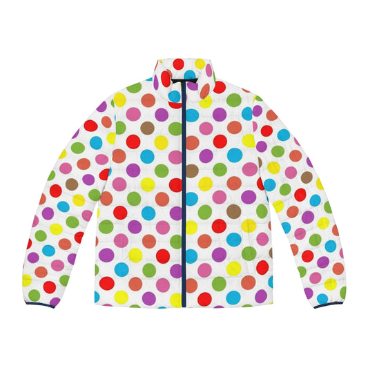 Colorful rainbow polka dot puffer jacket