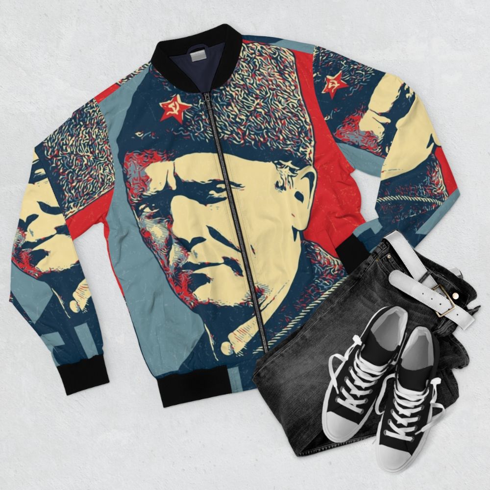 Vintage bomber jacket featuring Josip Broz Tito, the former president of Yugoslavia - Flat lay