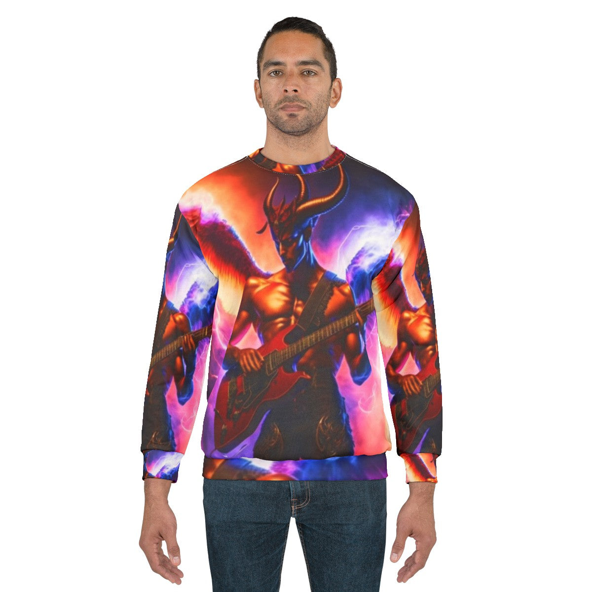 Satanic electric guitar sweatshirt with dark horror art design - men