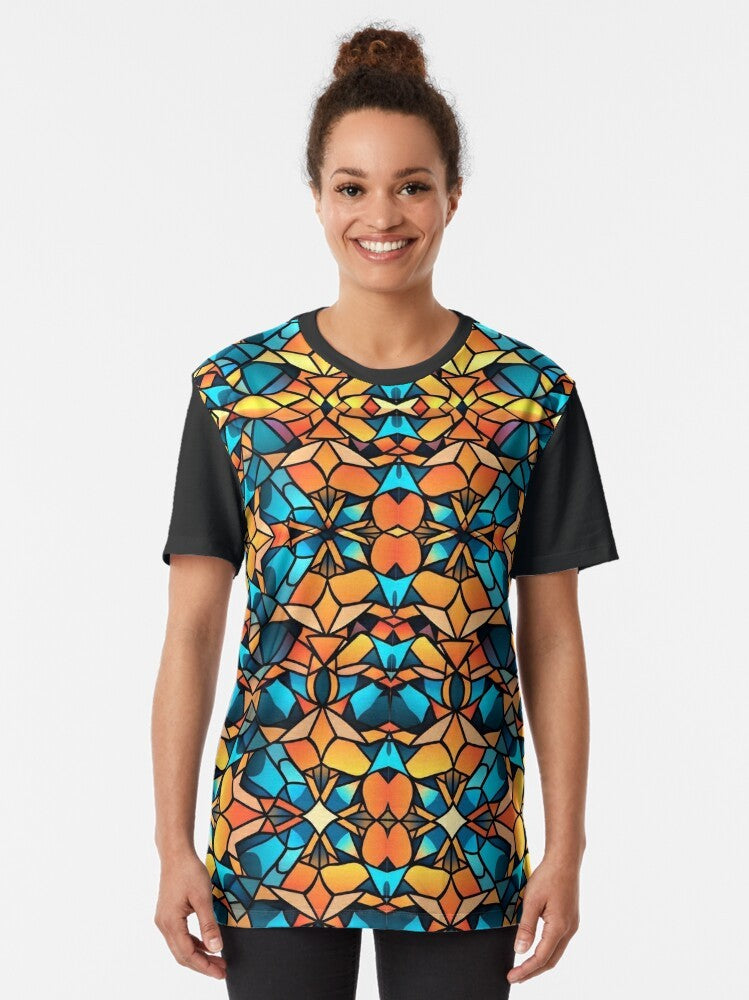 Vibrant kaleidoscope graphic t-shirt, ideal for pilates, yoga, and other fitness activities. - Women