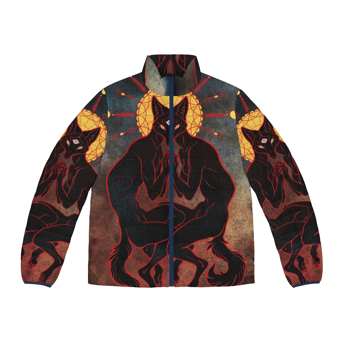 A trippy puffer jacket with a third eye design, representing shared consciousness and twin spirit.