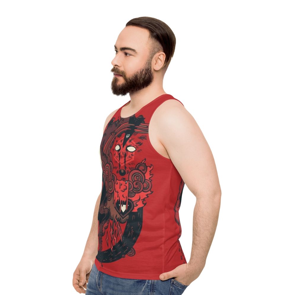 Unisex tank top with a fierce wolf leader design - men side