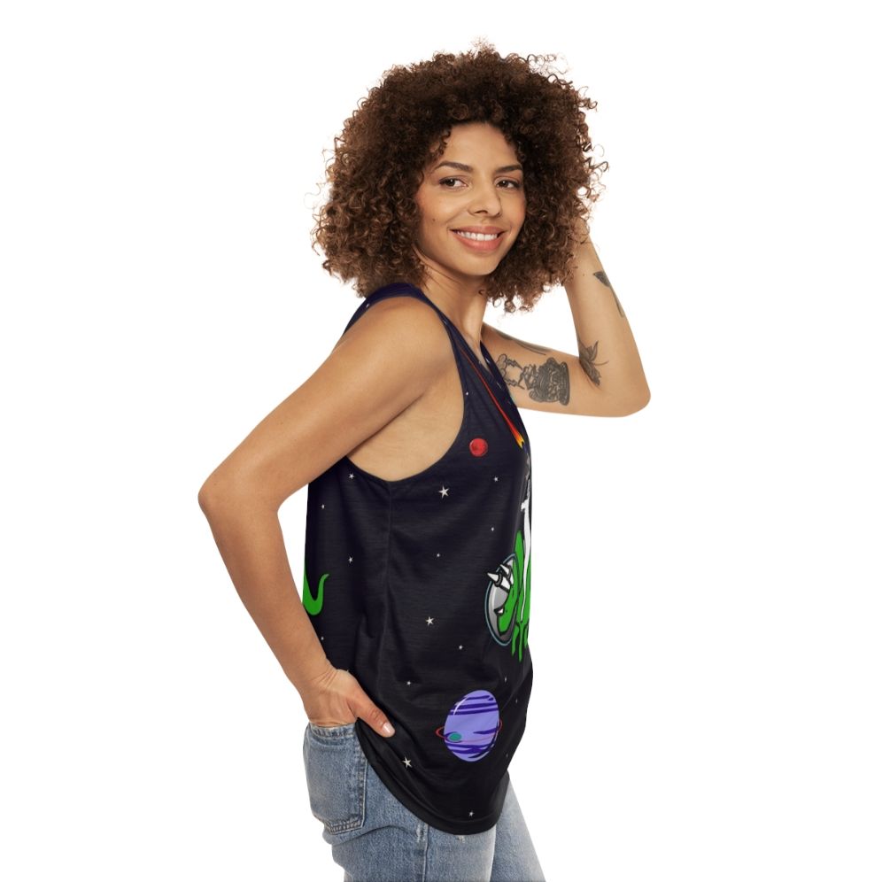 Unicorn riding triceratops in space unisex tank top - women side