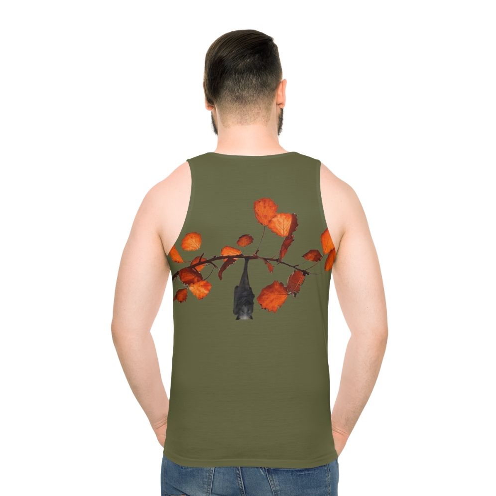 Moss green unisex tank top with cute bats hanging on leaves - men back