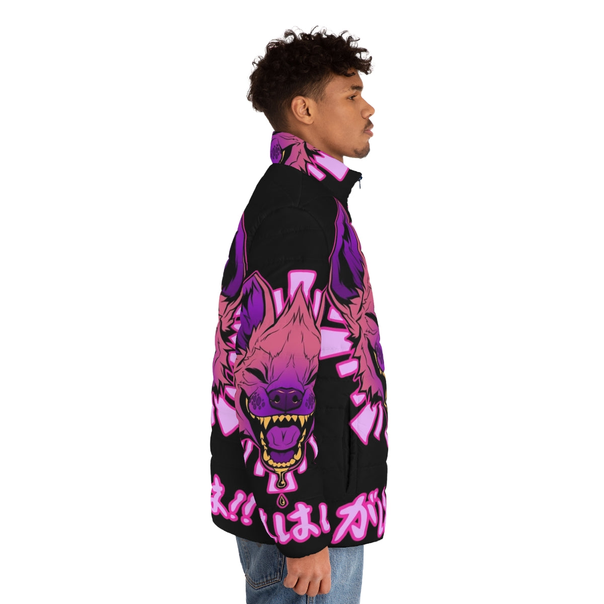 Hyena puffer jacket with adorable Japanese and vaporwave design - men side right