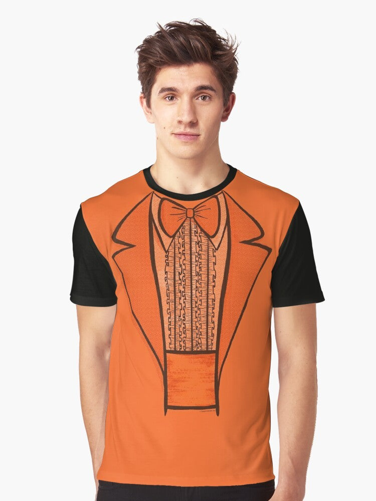 Lloyd and Harry from the movie Dumb and Dumber wearing orange tuxedos on a funny graphic t-shirt. - Men