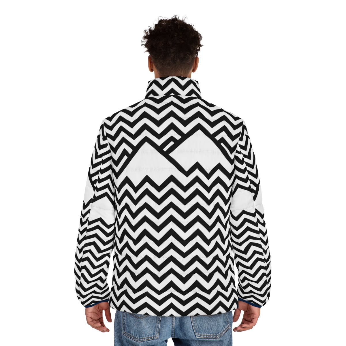 Model wearing a puffer jacket featuring the iconic Twin Peaks design - men back