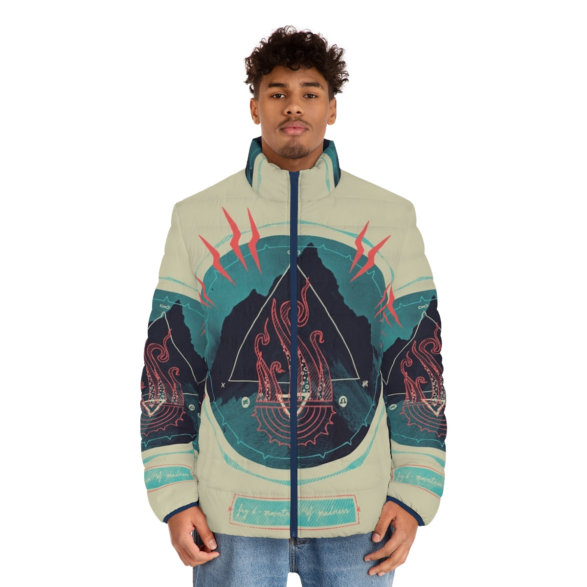 Puffer jacket with Lovecraft-inspired mountain and occult design - men front