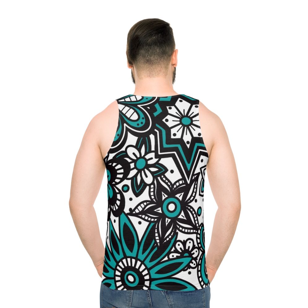 Teal and white floral print unisex tank top - men back