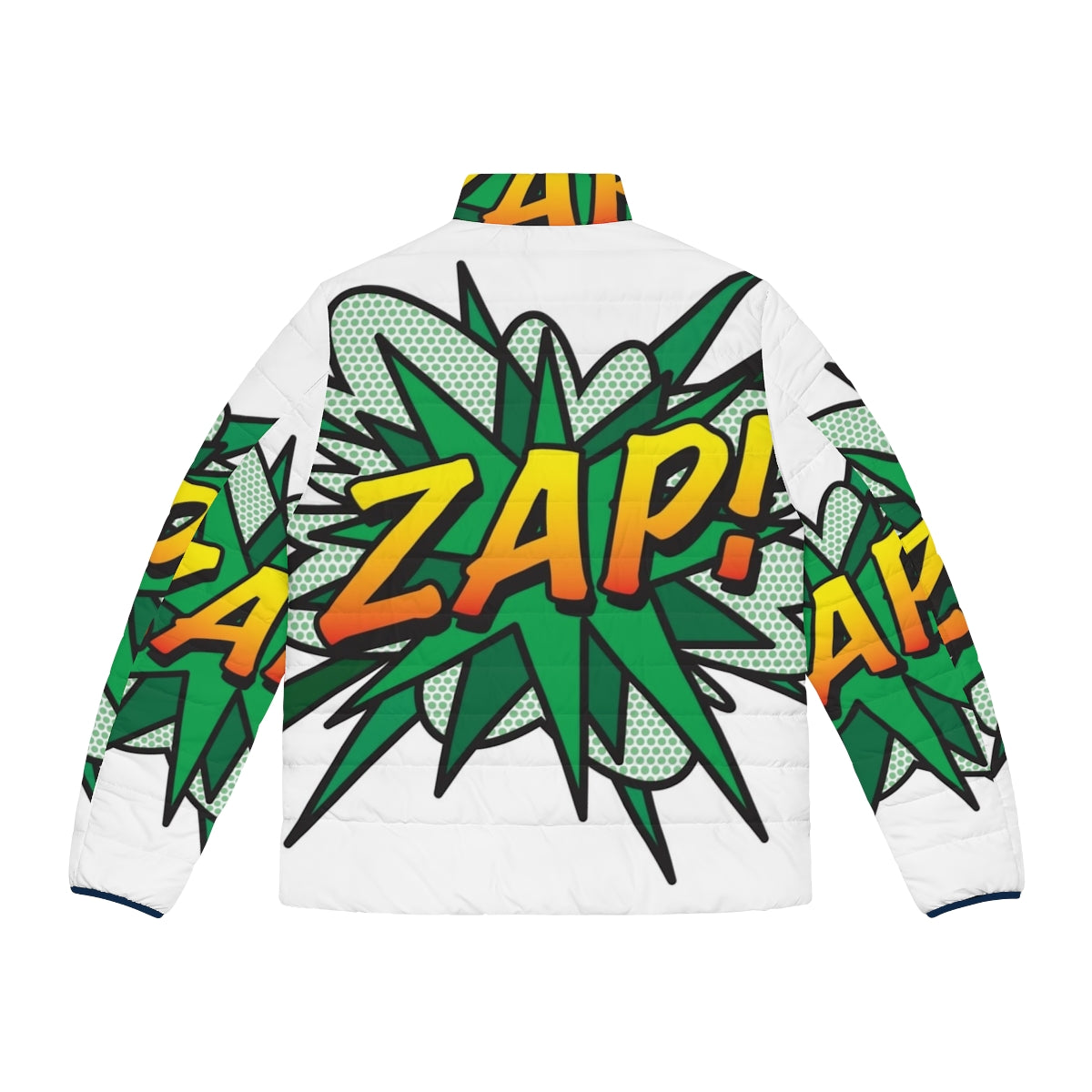 Retro comic book superhero puffer jacket with zap pop art flash design - Back