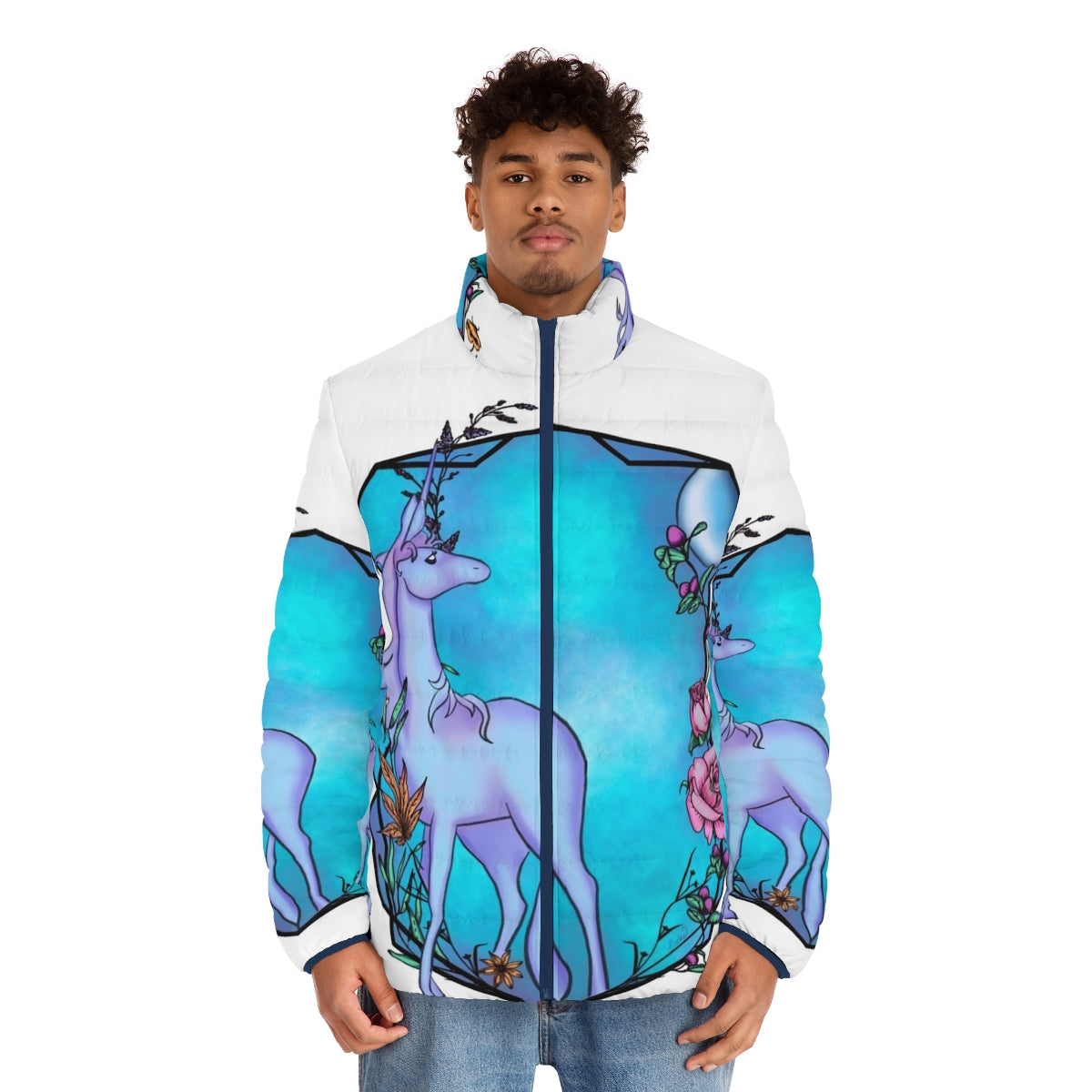 Whimsical watercolor unicorn design on a cozy puffer jacket - men front