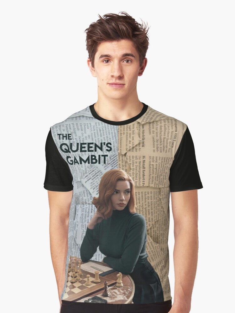 The Queen's Gambit Chess Graphic T-Shirt featuring Beth Harmon and a chessboard design - Men