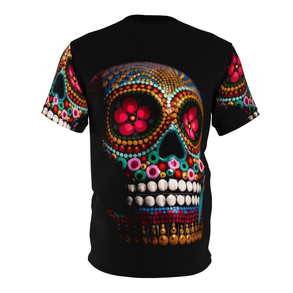 Vibrant, electric-colored sugar skull design on a t-shirt for Day of the Dead celebrations - Back