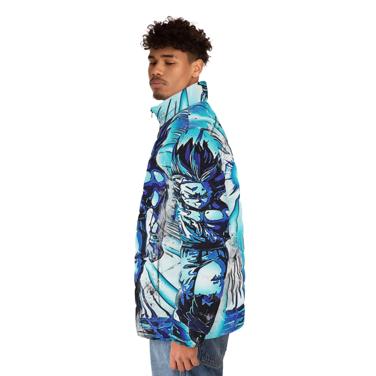 Gohan inspired puffer jacket with anime graphics - men side left