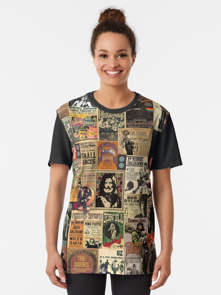 Rock and Roll Graphic T-Shirt featuring a colorful collage design with musical elements - Women